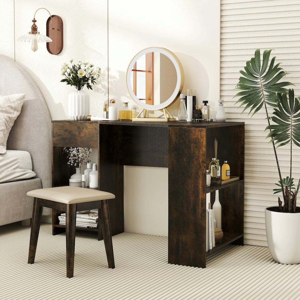 image 1 of COSTWAY L-Shaped Computer Desk Corner Table w/Storage Brown Brown