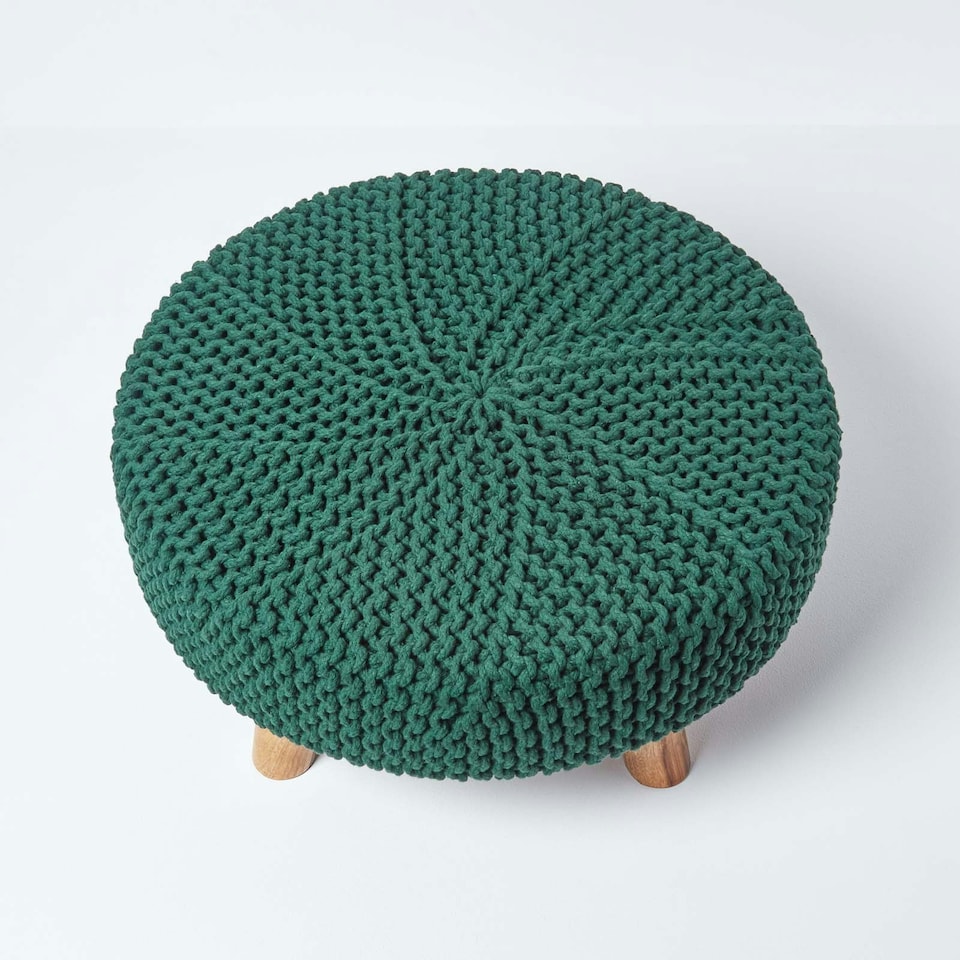 image 1 of Homescapes Forest Green Large Round Cotton Knitted Footstool on Legs