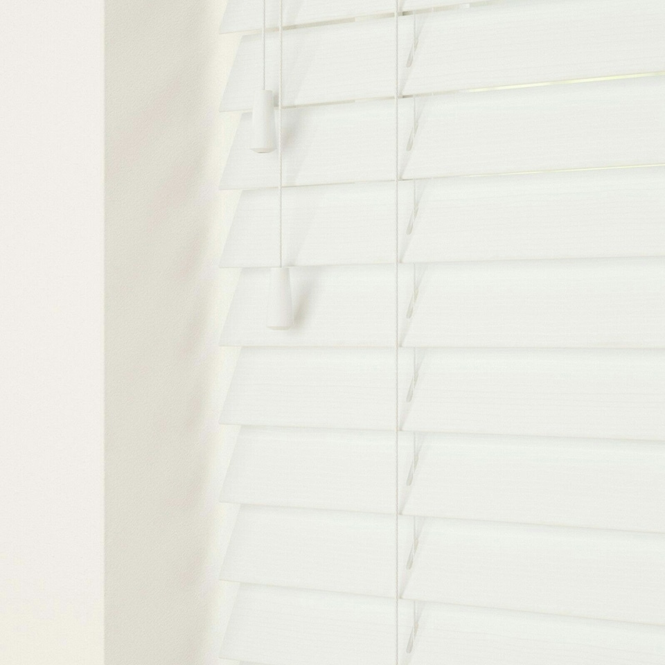 image 1 of 70cm Ultra White Faux Wood Venetian Blinds with String (120cm Drop) | White | White