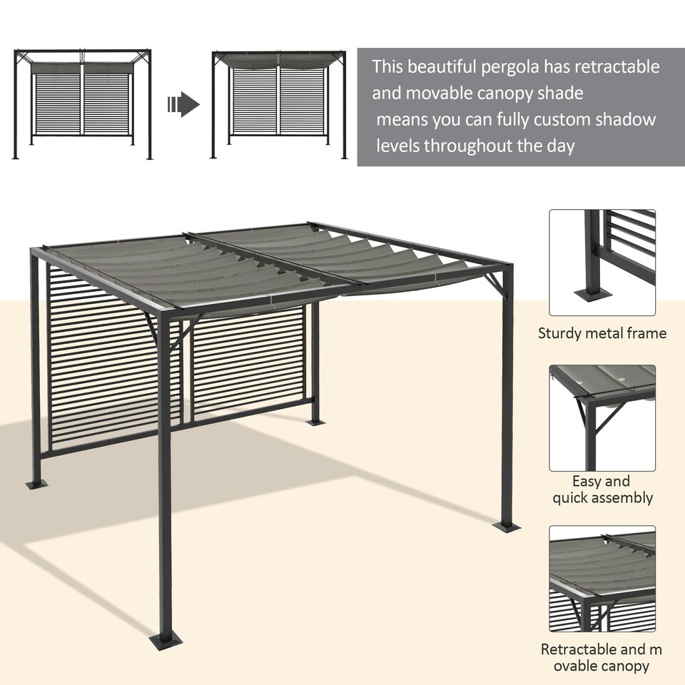 image 1 of Outsunny Metal Pergola Patio Sun Shelter Grape Tent Retractable Canopy UV Cut