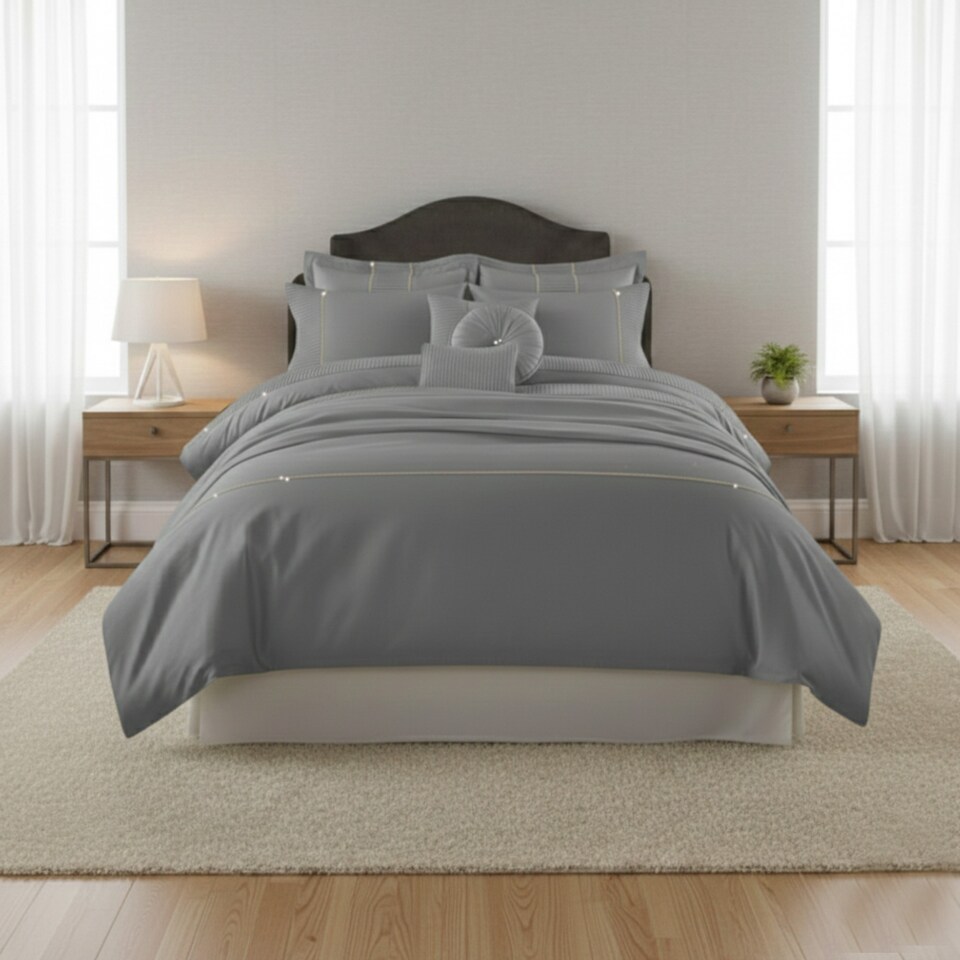 image 1 of Luxury Embroidered Duvet Cover Set Bedding with Matching Accessories | Silver | Super King