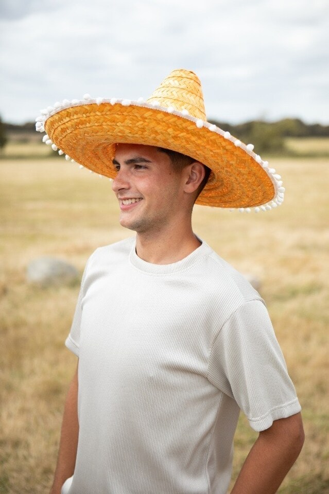 image 1 of Orange Mexican Sombrero – Fancy Dress Hat with Pom-Pom Trim | Multi | 12