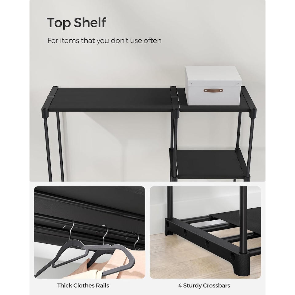image 1 of Open Design Wardrobe with Dual Hanging Areas and Shelving Storage, Black