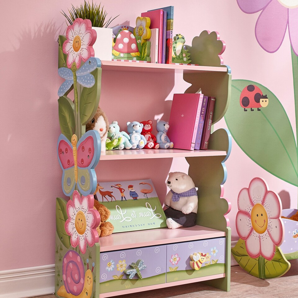 image 1 of Teamson Kids Magic Garden Kids Wooden 3-Tier Bookshelf with Storage Drawer