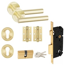 Golden Grace Straight T-Bar Design Euro Lock Door Handle Set in Satin Brass Euro Lock with 70mm Key and Hinges Gold