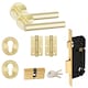 image 1 of Golden Grace Straight T-Bar Design Euro Lock Door Handle Set in Satin Brass Euro Lock with 70mm Key and Hinges Gold