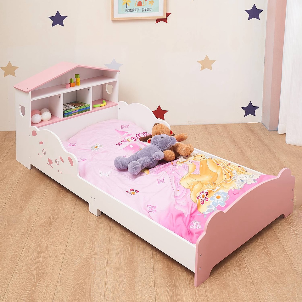 image 1 of TOTO Wooden Toddler Bed w/ Integrated Bookshelf Storage Junior Kids Frame - Pink
