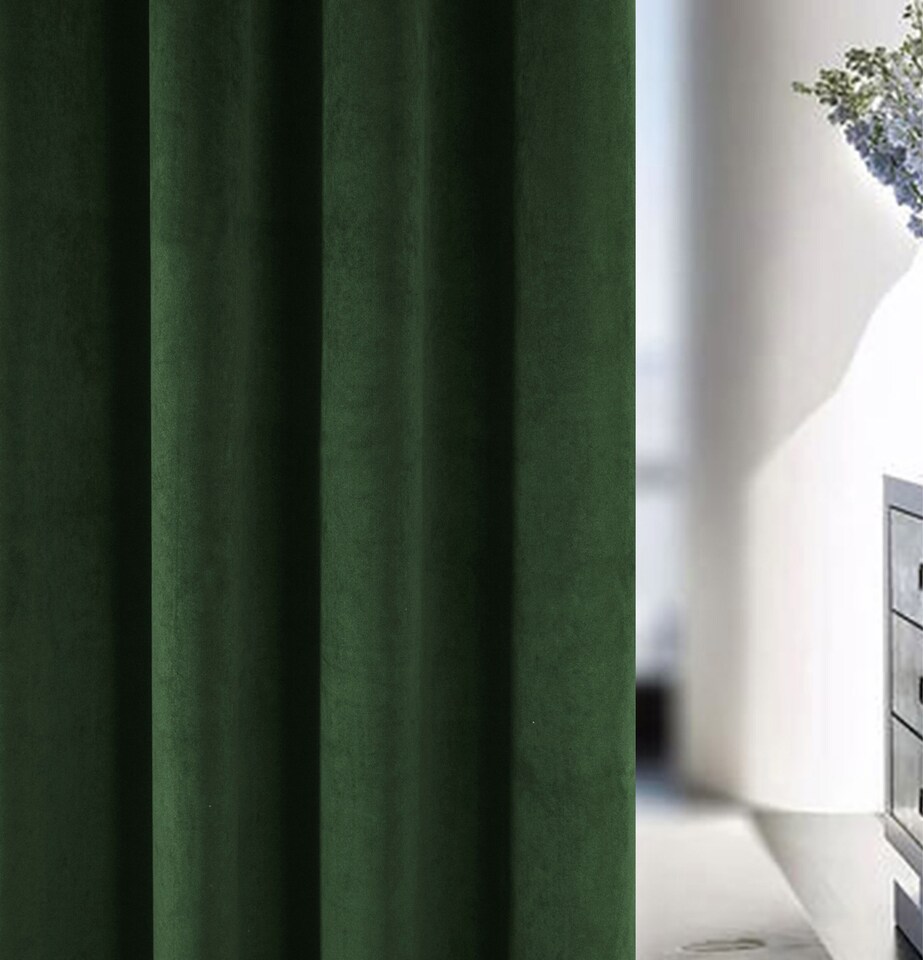image 1 of Luxury Enhanced Living Green Velvet, Supersoft, Blackout, Thermal Pair of Curtains with Eyelet Top - 66 x 90 inch (168x229cm)