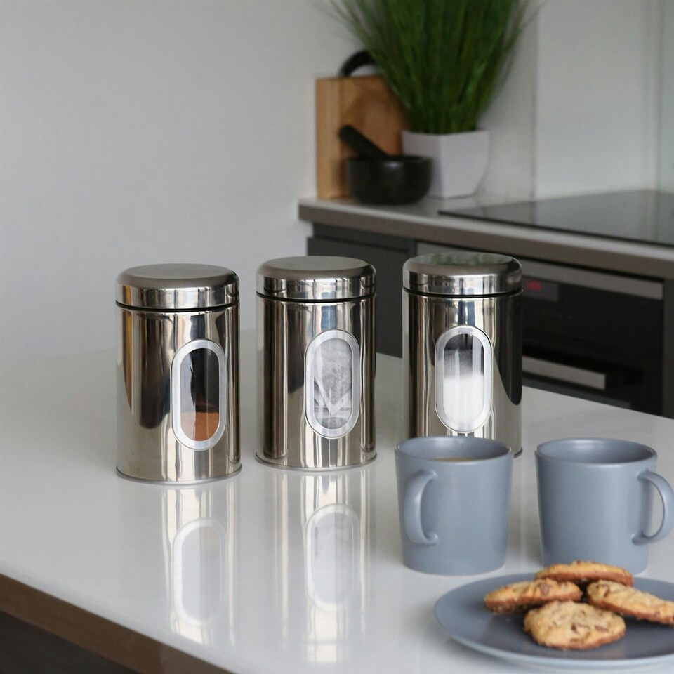 image 1 of Harbour Housewares 3pc Stainless Steel Food Storage Containers Set with Window - Chrome - Kitchen Caddy Kitchen Storage Containers Canisters