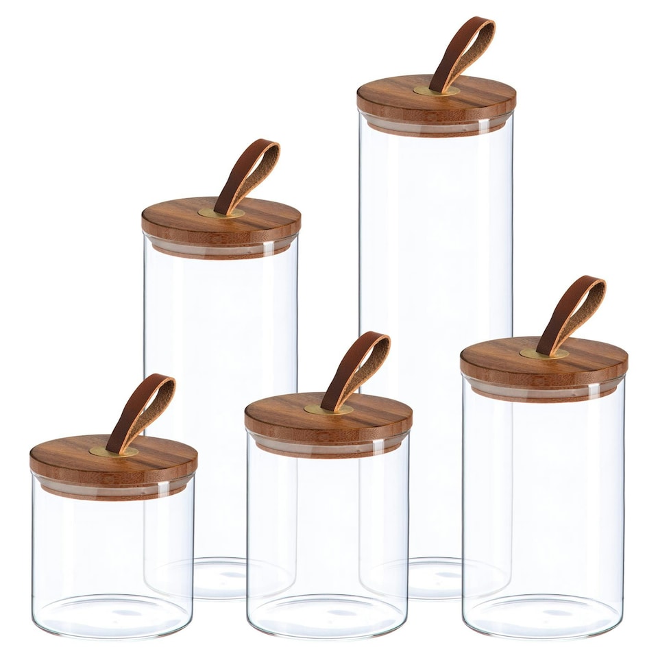 image 1 of Argon Tableware 5pc Scandi Storage Jar Set with Leather Loop Lids