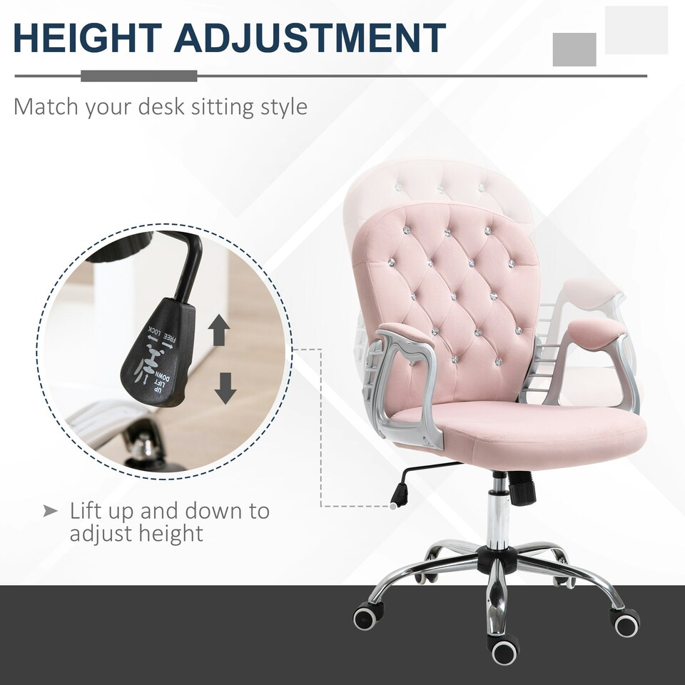 image 1 of Vinsetto Office Chair Velour Diamond Tufted Padded Ergonomic 360° Swivel Pink