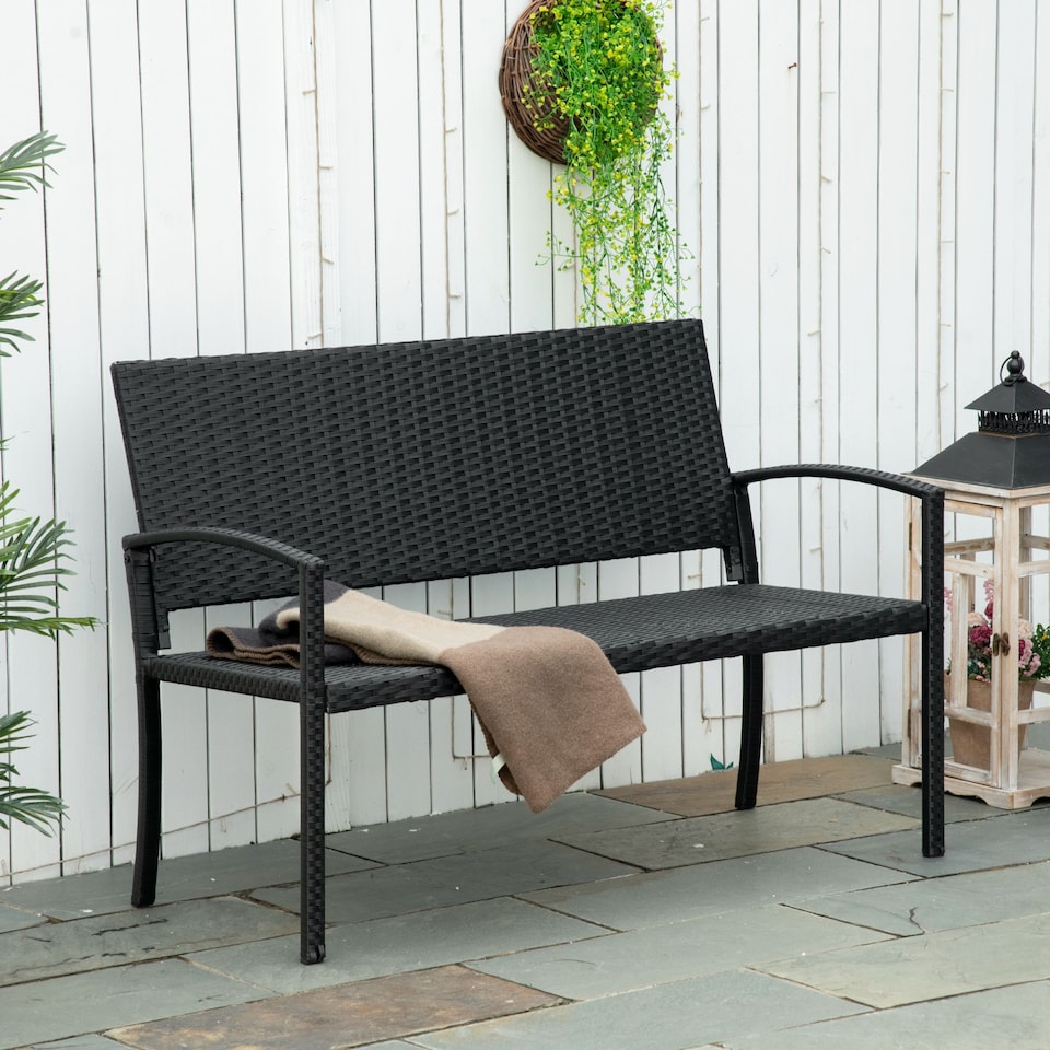 image 1 of Outsunny Patio Rattan 2 Seater Garden Bench Love Seater Garden Armchair Black