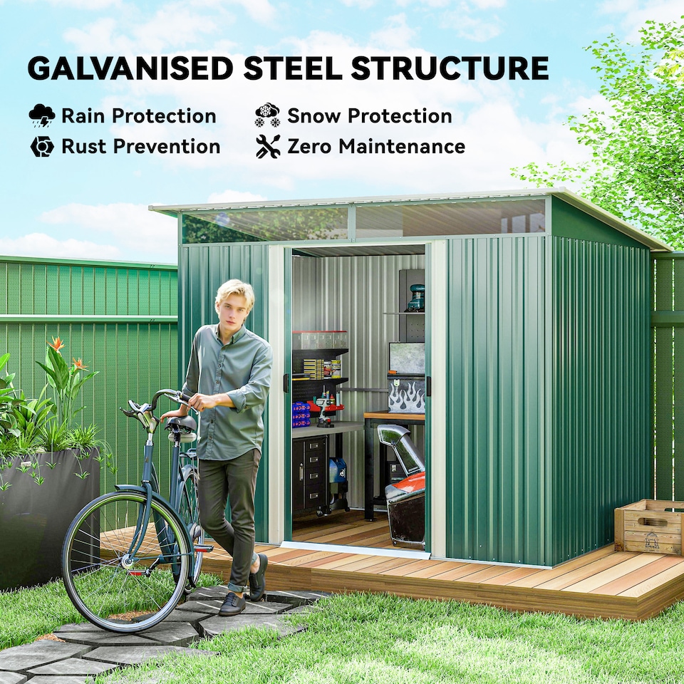image 1 of Outsunny 8.5 x 6ft Metal Shed with Lightsky Panels, Garden Storage Tool House with Double Doors for Garden, Patio and Lawn, Green