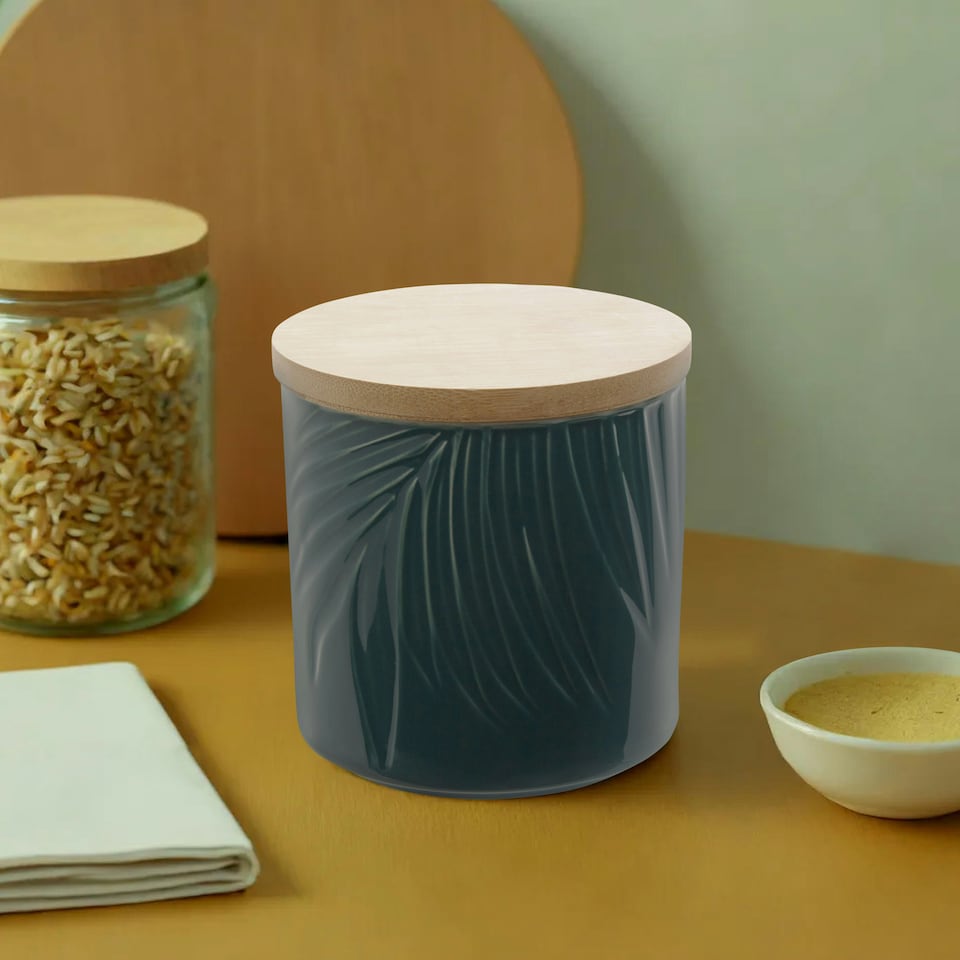 image 1 of Interiors By Premier Dark Green Small Storage Jar With Bamboo Lid,Porcelain Jar With Embossed Leaf Texture,Perfect Kitchen Jar
