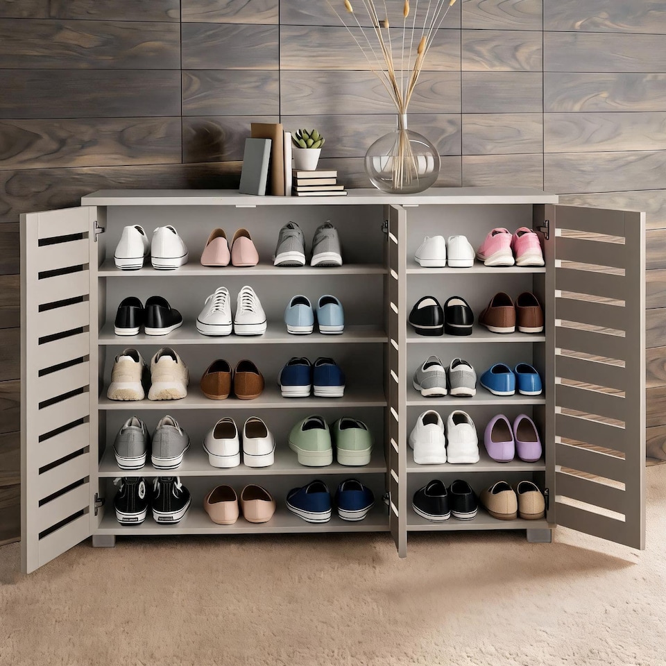 image 1 of Oslo 3 Door Wooden Shoe Storage Cabinet Rack Stand Cupboard Slatted Doors | Grey