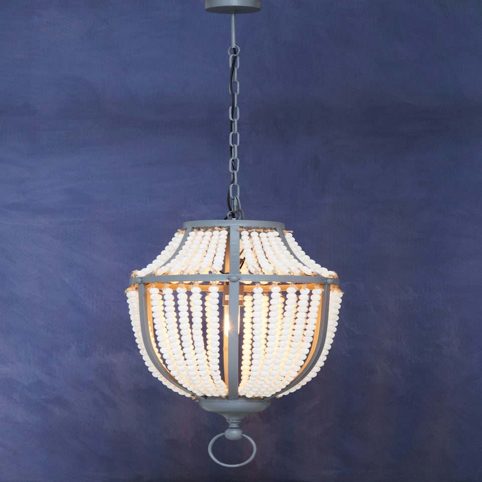 image 1 of Interiors by Premier White Grey Wooden Bead Chandelier, Rustic Boho Hanging Light Fixture, Handmade Basket Drop Pendant Grey