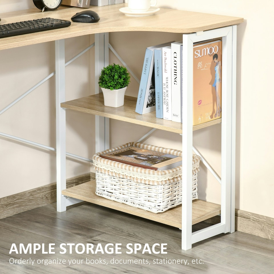 image 1 of HOMCOM L-Shape Folding Computer Desk Study Workstation with 2 Shelves Oak Tone