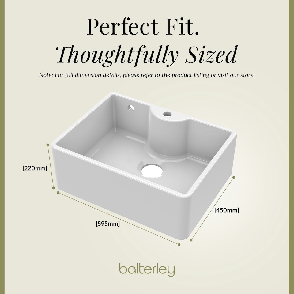 image 1 of 595mm - 1 Bowl Fireclay Butler Kitchen Sink - Tap Ledge, Hole, Overflow & Waste