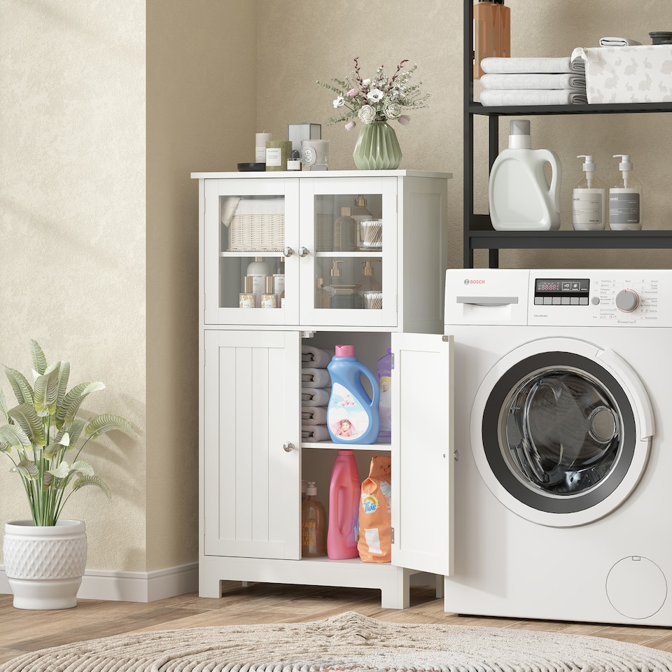 image 1 of kleankin Bathroom Floor Cabinet, Freestanding Kitchen Cupboard with 2 Drawers, Adjustable Shelves and Tempered Glass Door, Wooden  Storage Unit for Living Room Kitchen Hallway