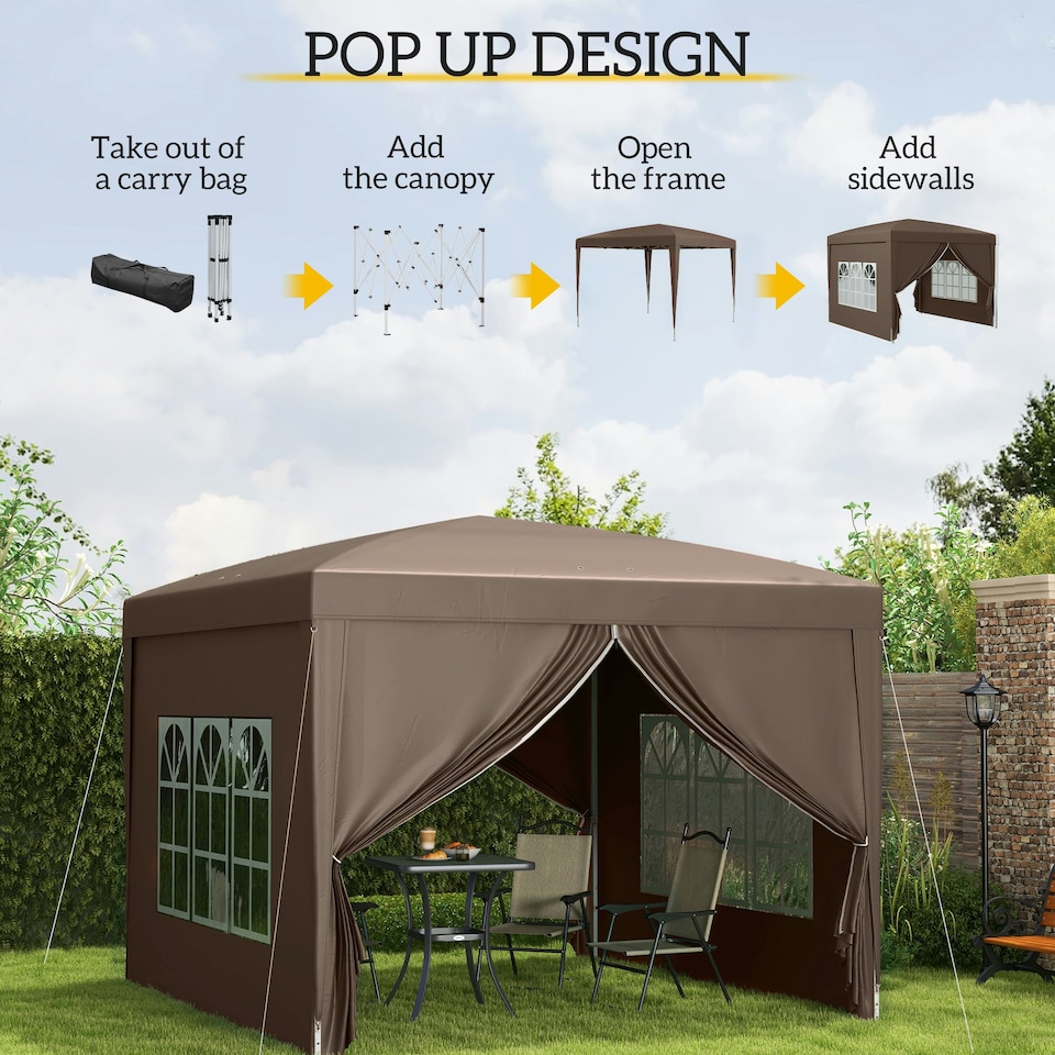image 1 of Outsunny 3x3 m Pop Up Gazebo Party Tent Canopy Marquee with Storage Bag Coffee