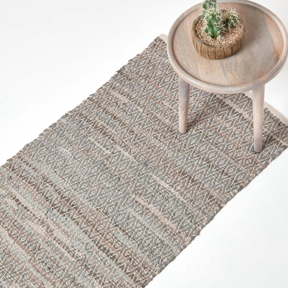 image 1 of Homescapes Grey Real Leather Handwoven Diamond Pattern Hall Runner - 66 x 200 cm Grey | 66 x 200 cm