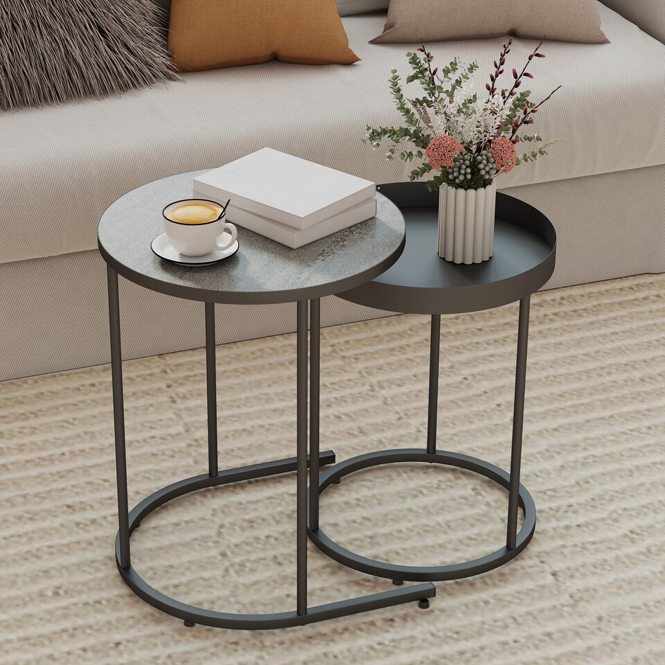 image 1 of HOMCOM Nesting Side Table Set of 2, Industrial Round Nest of Tables with Tray Tabletop and Metal Frame for Living Room, Bedroom, Home Office, Grey | Grey