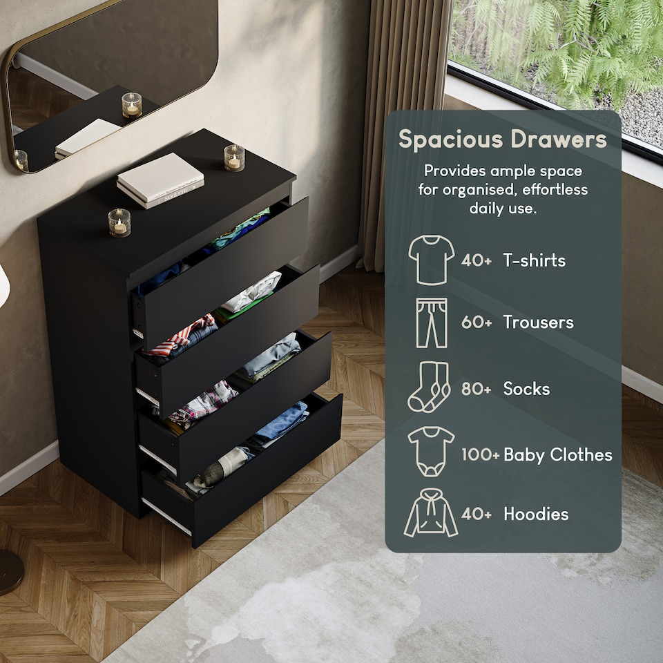 image 1 of Vida Designs Denver 4 Drawer Chest of Drawers Bedroom Storage, Black