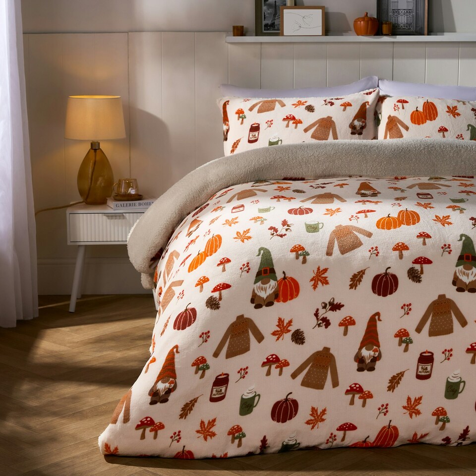 image 1 of OHS Autumnal Pumpkin Fall Gonk Halloween Soft Cosy Warm Plush Fleece Duvet Cover and Pillowcase Bedding Set Multi | Cream/Rust | Double