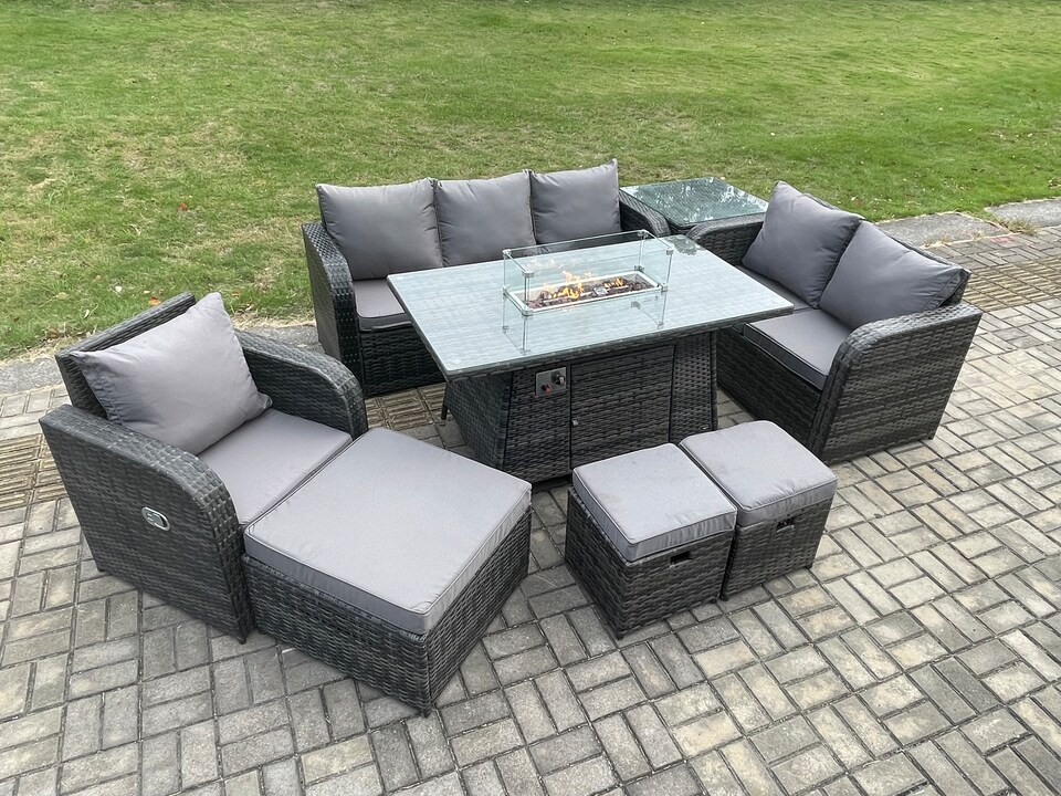 image 1 of Fimous Garden Patio Furniture Wicker Rattan Gas Fire Pit Table and Sofa Chair set with Side Table 3 Footstool
