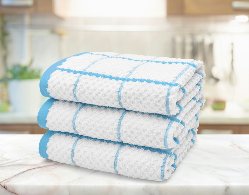 image 1 of Velosso Embroiderd Woven Checked Cotton Tea Towel 3 Pack | Blue | Teal | One size