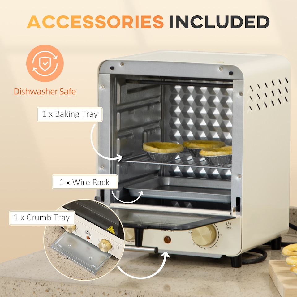 image 1 of HOMCOM Mini Oven, 15 Litres Electric Oven and Grill with 60-230degreeAdjustable Temperature, 60 Minute Timer, Include Baking Tray, Wire Rack and Crumb Tray, 1000W, Cream White