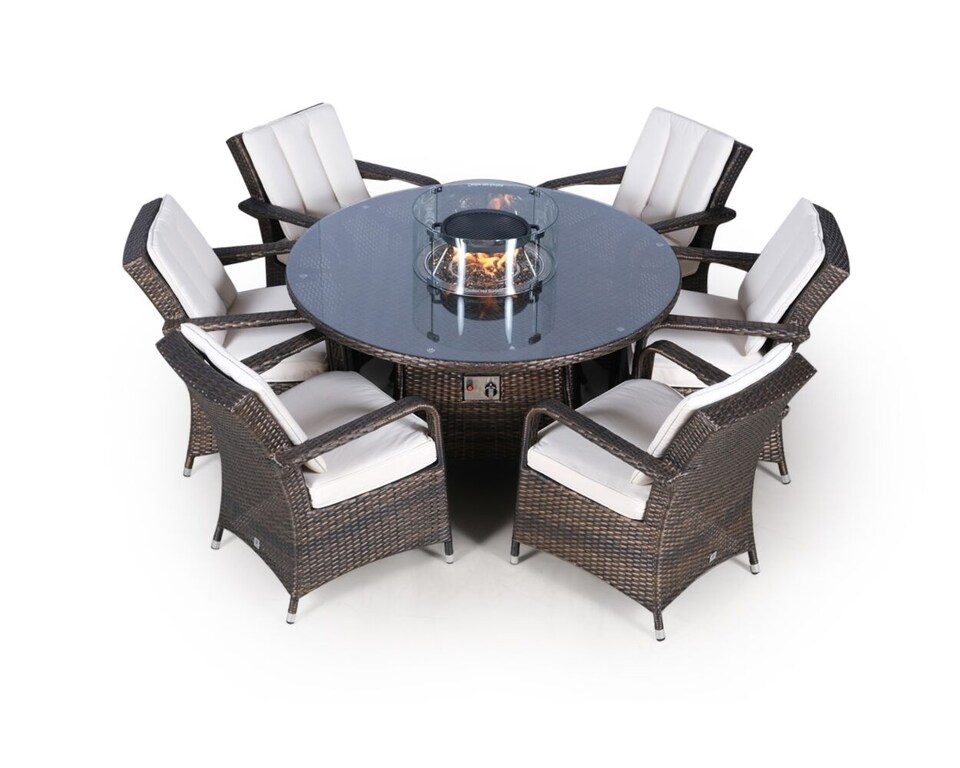 image 1 of Arizona Fire Pit 6 Seater Round Rattan Dining Set | Brown | Brown
