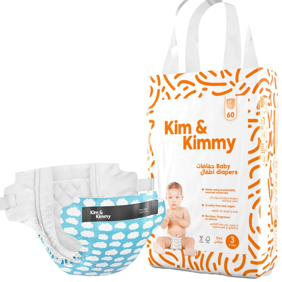 image 1 of Kim & Kimmy Nappies, Size 3, 6-11kg, 60 Pack, Little Clouds