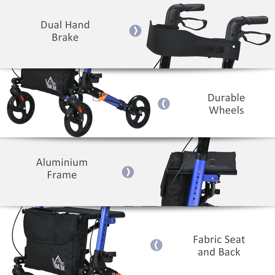 image 1 of HOMCOM 4 Wheel Rollator Walker, Mobility Walker with Bag, Seat, Blue