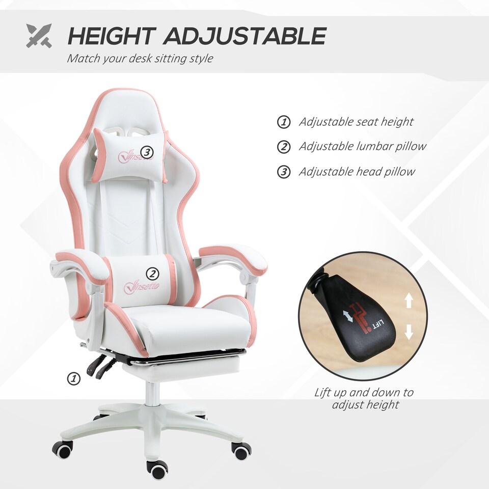 image 1 of Vinsetto Computer Gaming Chair, PU Leather Office Desk Chair with Footrest, Swivel Wheels, 135 Reclining Back, Lumbar Support, Headrest for Home, White and Pink
