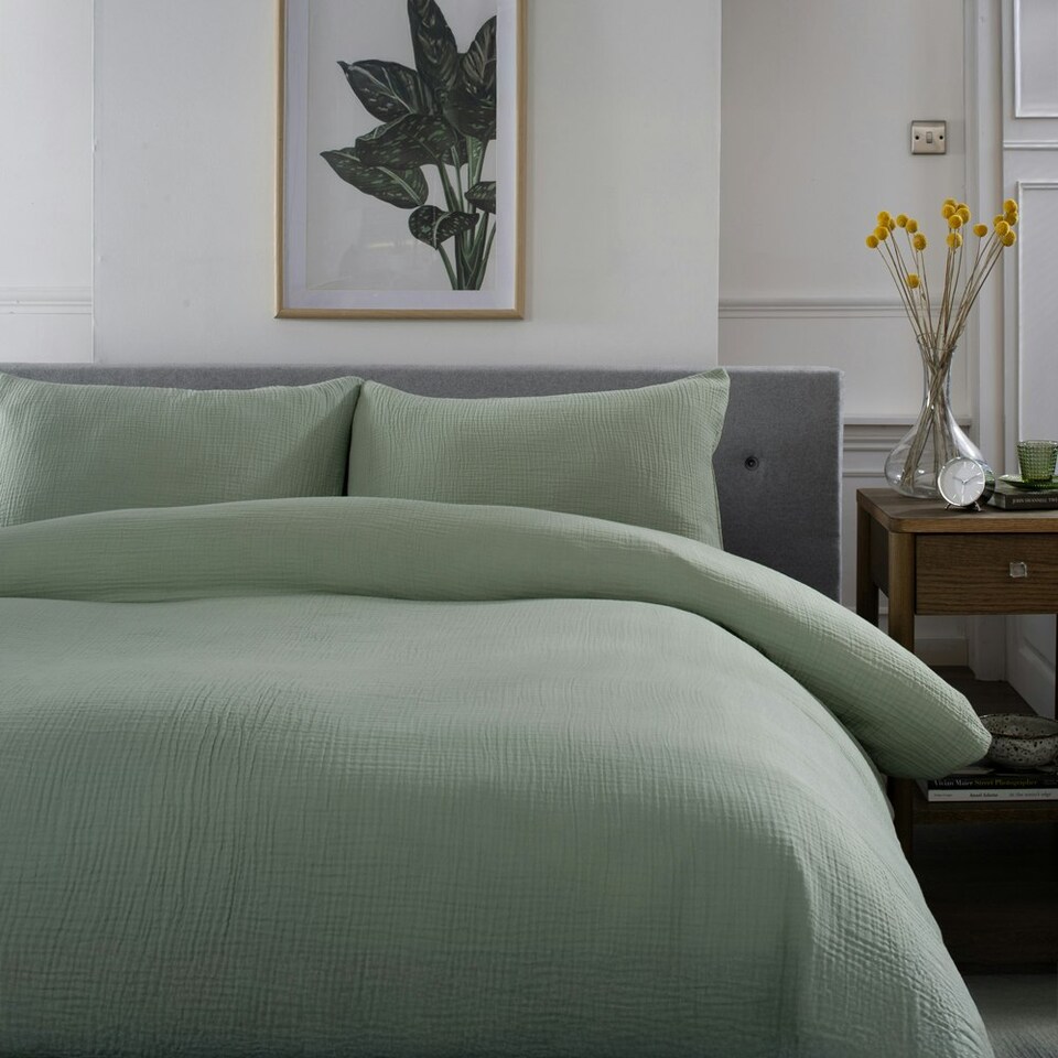 image 1 of St Quentin 100% Cotton Double Gauze Duvet Cover Set - Soft & Breathable Bedding - 180 Thread Count Green | Green | Single