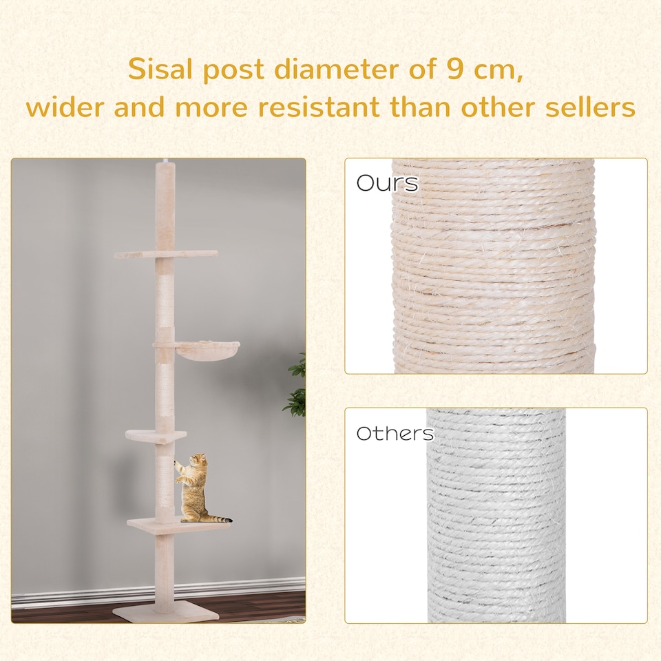 image 1 of PawHut Floor to Ceiling Cat Tree 5-Tier Climbing Tower Scratching Post