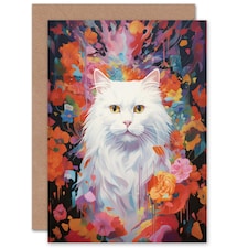 Pure White Cat Lovers Gift Pet Portrait Colourful Art Card