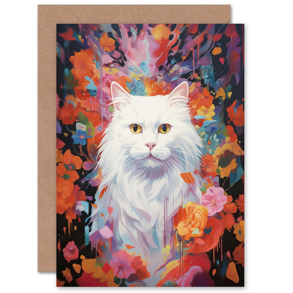 image 1 of Pure White Cat Lovers Gift Pet Portrait Colourful Art Card