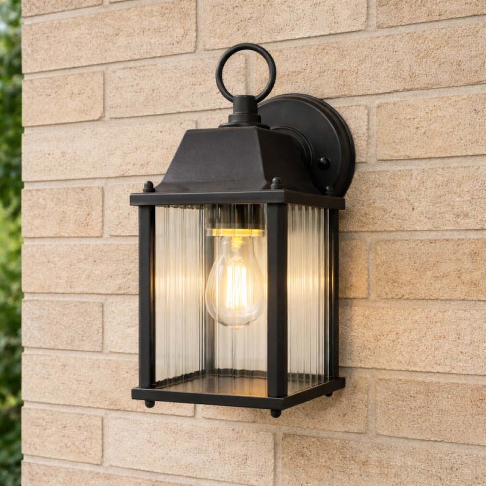 image 1 of CGC Santiago Mini Matt Black Coach Lantern Wall Light with Ribbed Glass