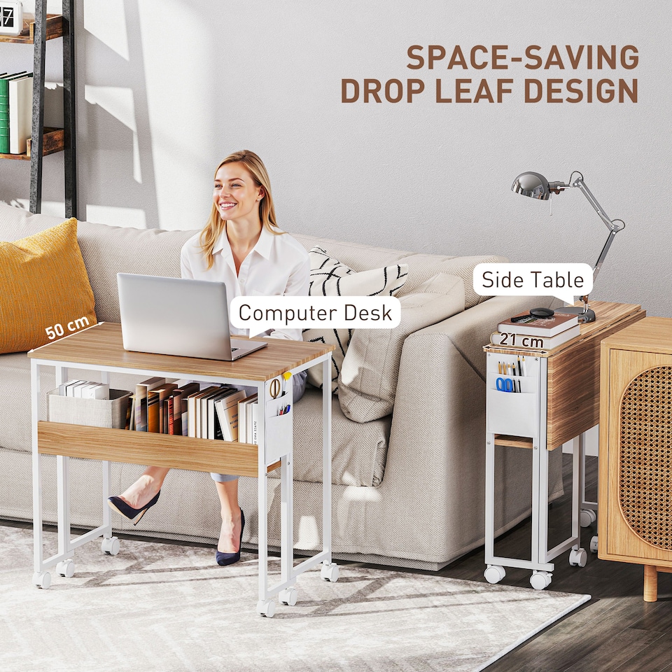 image 1 of HOMCOM Folding Desk with Storage Shelf and Bag, 80 cm Foldable Computer Desk for Small Spaces, Space Saving Writing Table on Wheels for Home Office, Bedroom, Easy Assembly, Natural Wood Finish | Yellow