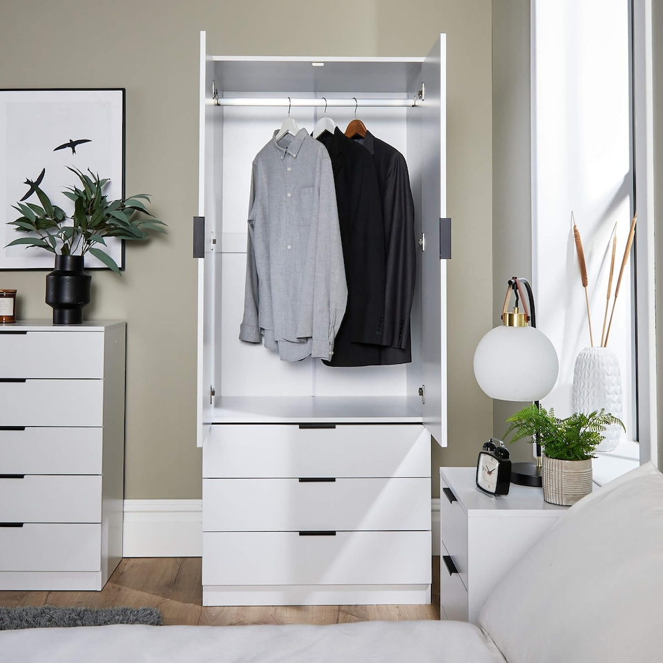 image 1 of Phoenix Wardrobe 2 Door 3 Drawers Bedroom Home Furniture Clothing Storage Shelf | White