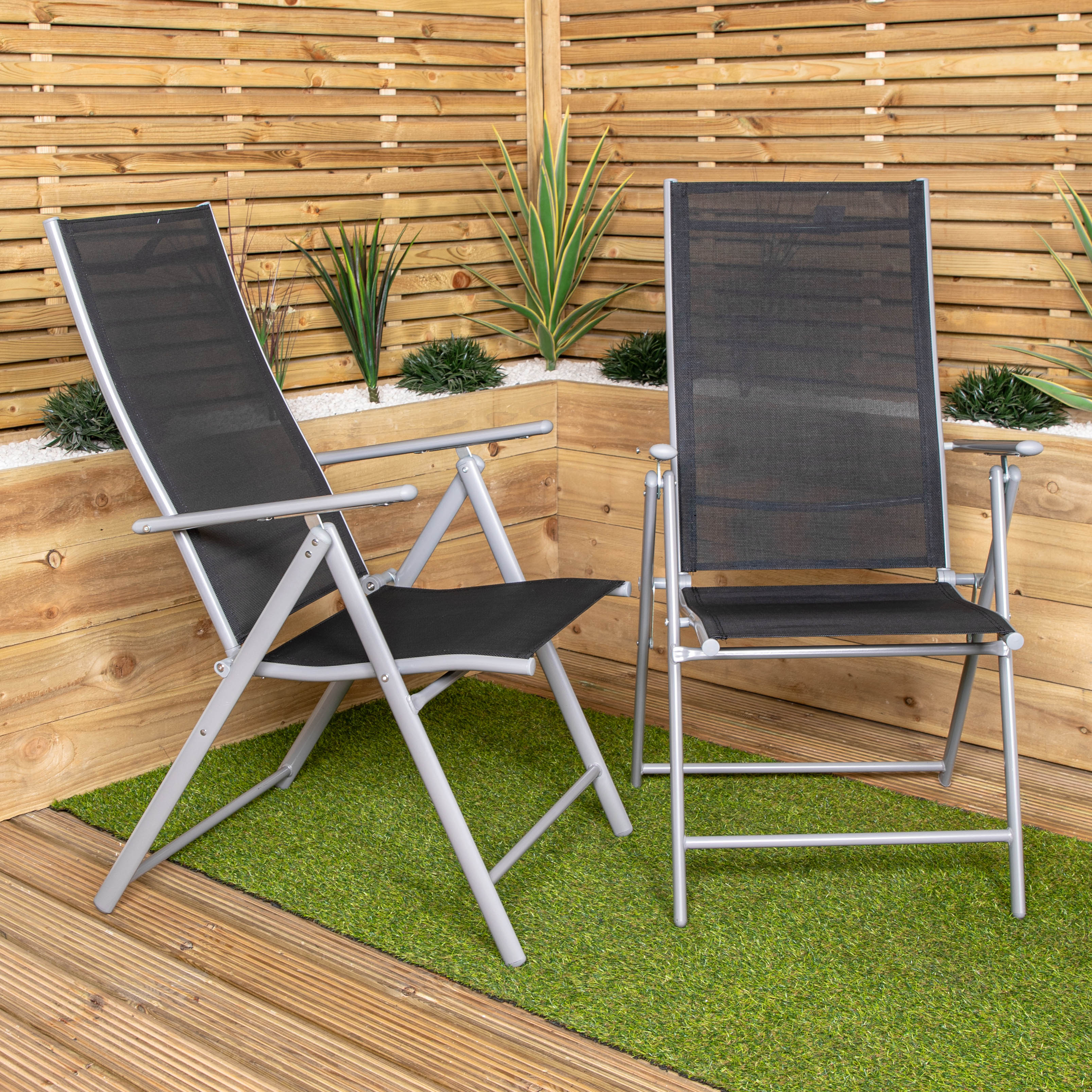 2 x Multi Position High Back Reclining Garden / Outdoor Folding Chair in Black and Silver | Multi | Silver/Black