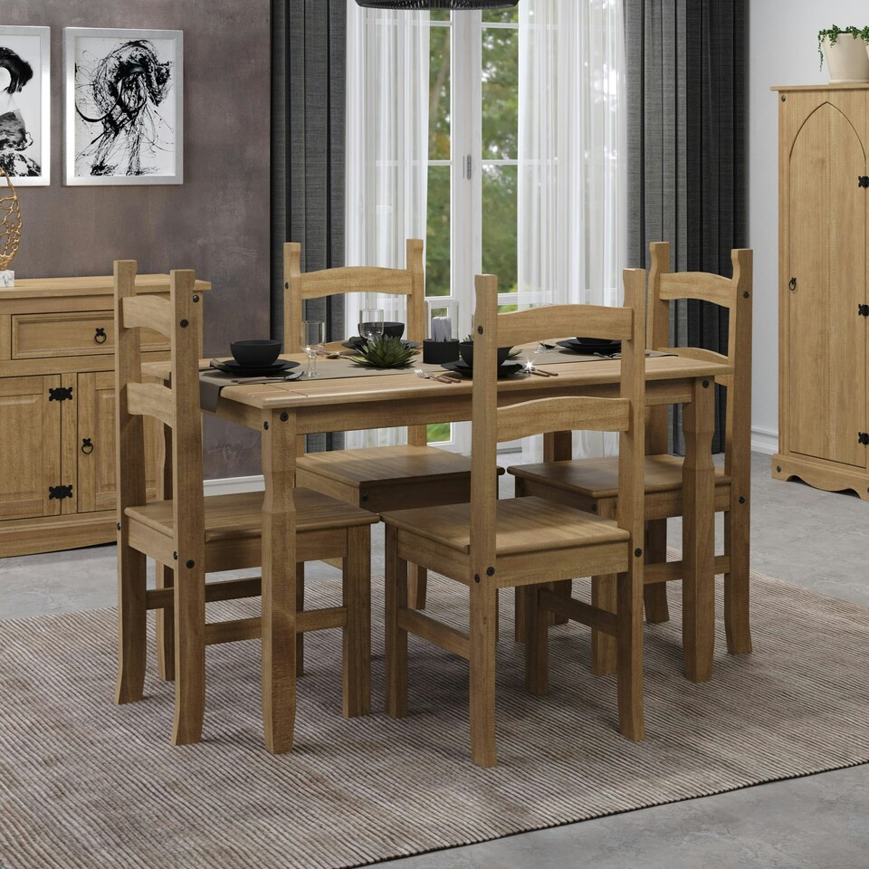 image 1 of Premium Corona Rectangular Dining Set with Table and 4 Chairs in Grey or Brown Waxed Pine - Solid Wood | Brown | Brown | 1