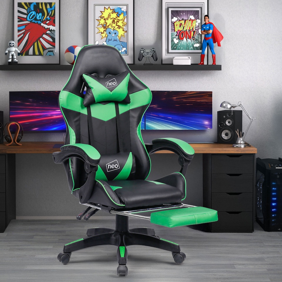 image 1 of Neo Gaming Chair Green & Black Leather with Footrest