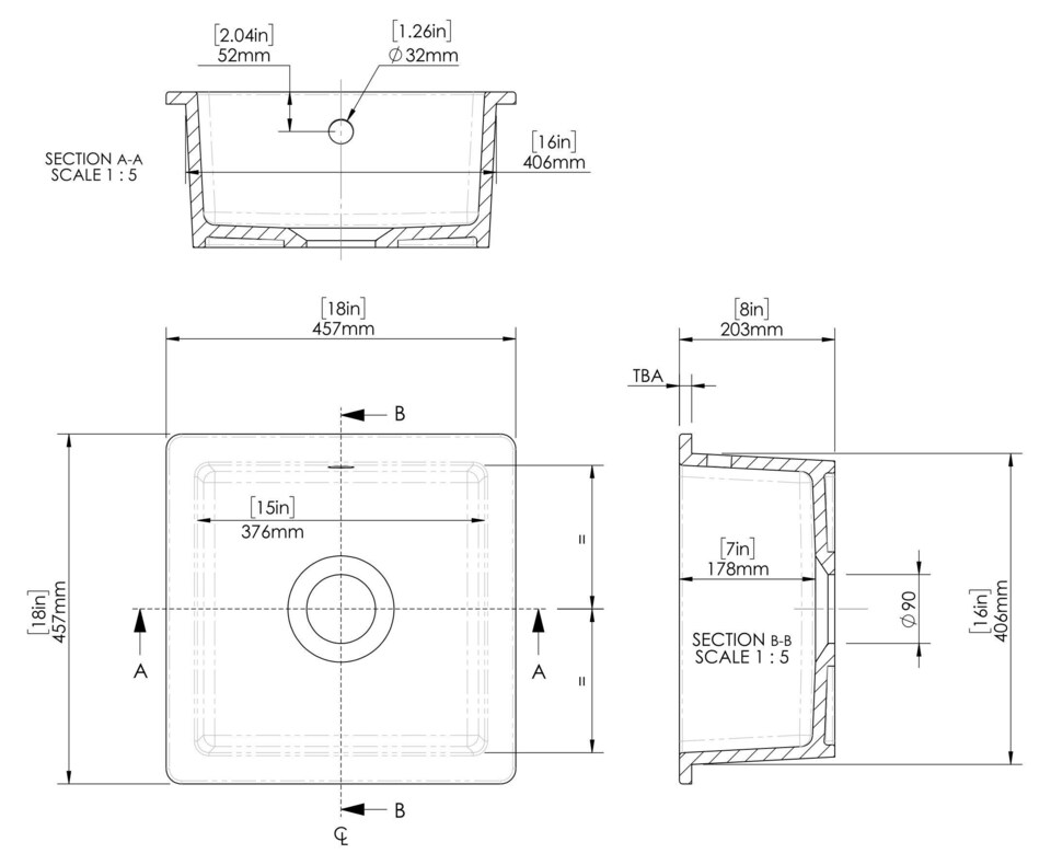 image 1 of Balterley Fireclay Single Bowl Square Undermount Kitchen Sink with Overflow | White | White | 1