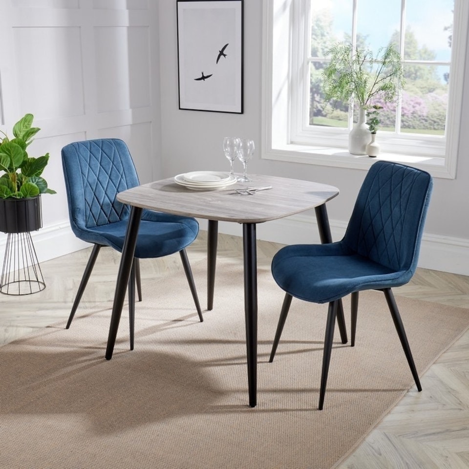 image 1 of Aspen Tapered Legs Square Dining Table with 2 Diamond Stitch Cord Dining Chairs - Grey Oak/Black/Blue - Flat Packed Multi