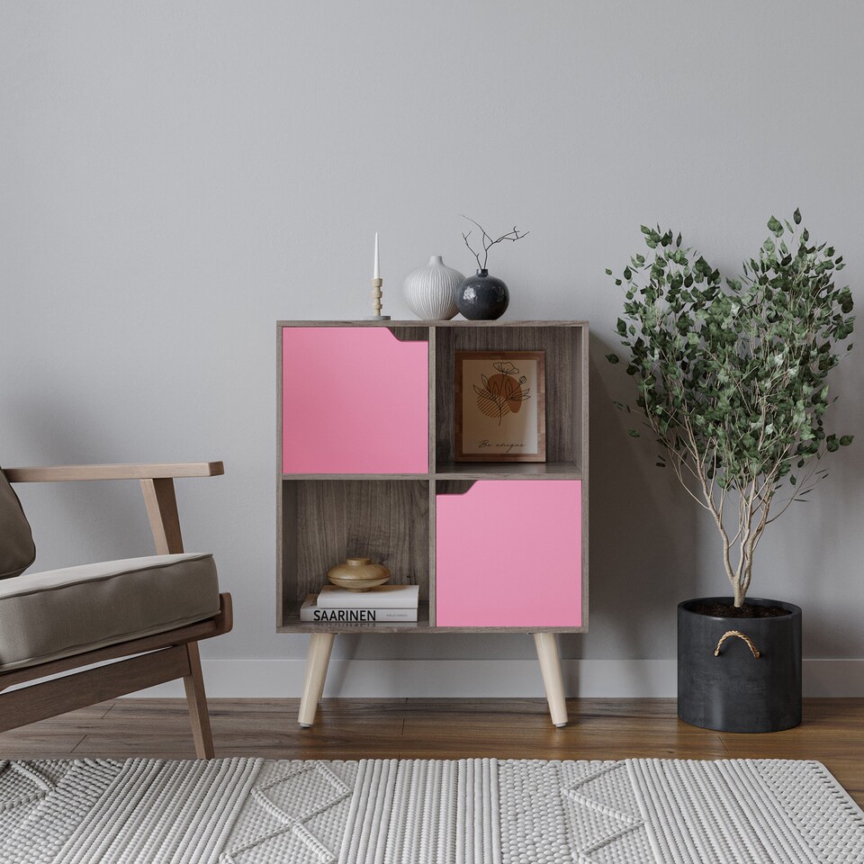 image 1 of Anthracite Oak 4-Cube Storage Unit with 2 Wooden Doors and Legs | Pink | Pink & Pine | 1
