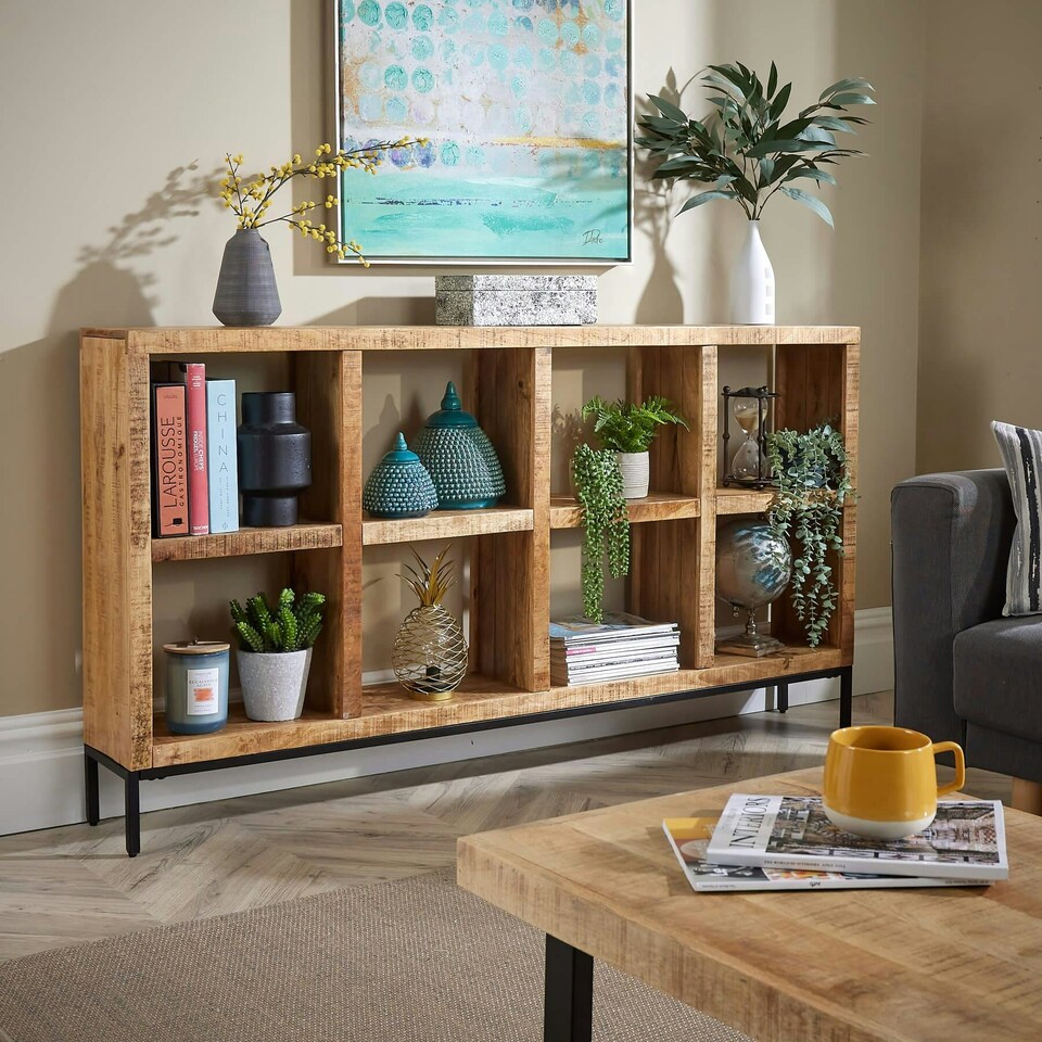 image 1 of Open Wide Bookcase Solid Wooden Mango Frame Iron Home Office Furniture Storage Brown