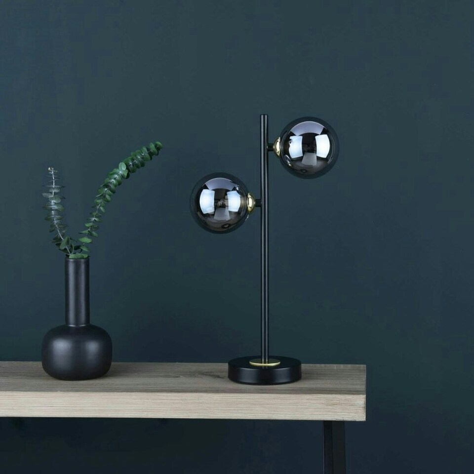 image 1 of Eaen 2 Light Black and Gold Table Lamp with Smoked Glass